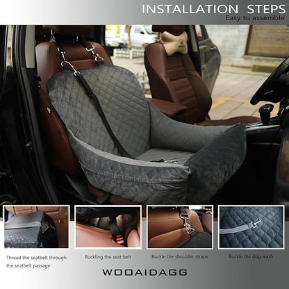 WOOAIDAGG Dog Car Seat,Fully Detachable and Washable Cover,Easy to Assemble,Comfy Cushion Fill in Memory Foam,2 Clip-On Safety Leashes and Storage Pockets (Grey)