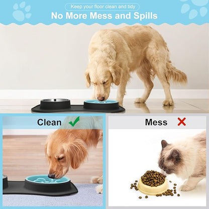 Slow Feeder Dog Bowls 3 in 1 Stainless Steel Dog Food and Water Bowls with Non-Spill Non-Skid Silicone Mat to Slow Down Eating for Large Medium Small Breed Size Dogs and Cats (Grey Blue)