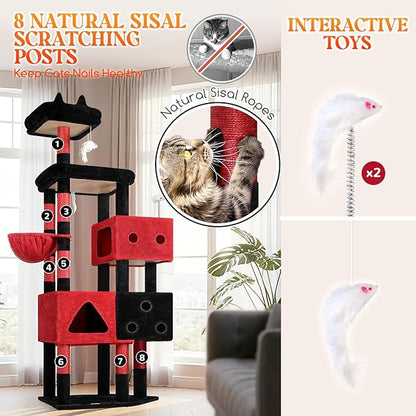 Globlazer Extra Large Gothic Cat Tower, 81-inch Tall Goth Cat Tree for Big Cats 20 lbs, XXL Heavy Duty Cat Scratching Tower for Indoor Adult Cats with 3 Cat Condos, 8 Scratching Posts, F81, Red Black