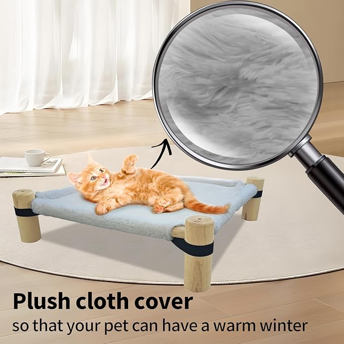 Pozico Cat Hammock Bed – Wooden Elevated Cat/Dog Bed with Plush Winter Fabric – Raised Pet Cot Furniture for Small Dogs, Cats & Small Animals – Warm Indoor Lounger – Portable & Washable