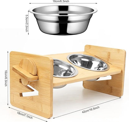Raised Dog Bowl, Elevated Dog Bowls, Tilted Pet Food Water Bowl, Slanted Bamboo Feeding Station with Stainless Steel Bowls for Small & Medium Dogs, Cat Kitten Flat Faced French Bulldog Puppy Feeder