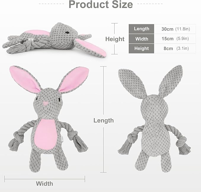 Dog Toys, Dog Squeaker Toys with Crinkle Paper, Stuffed Animal Dog Plush Chewing Toy, Cotton Rope Interactive Toys for Puppy, Small, Middle Dogs (Gray Rabbit)
