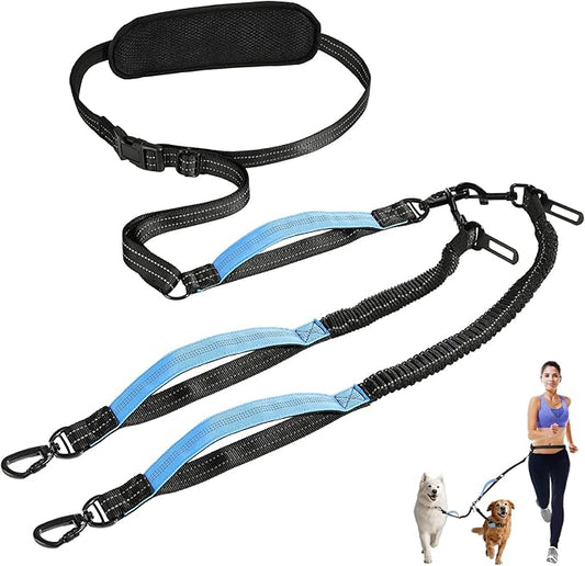 Hands Free Dog Leash, Waist Leash for Dog Walking 2 Dogs, Double Hands Free Lead with Detachable Waist Pad, Padded Handles, Shock Absorbing Bungee for Walking Jogging Hiking, Blue&Black