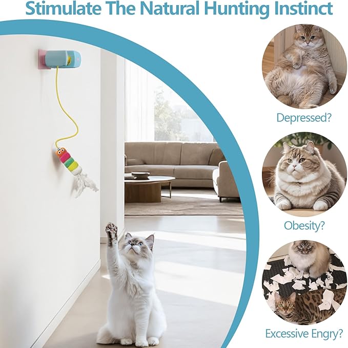 Interactive Cat Toys for Indoor Cats, Automatic Hanging Door Feather Toy Wand Chase Exercise Enrichment Stimulation Self Play for Bored Adult & Kitten Cats