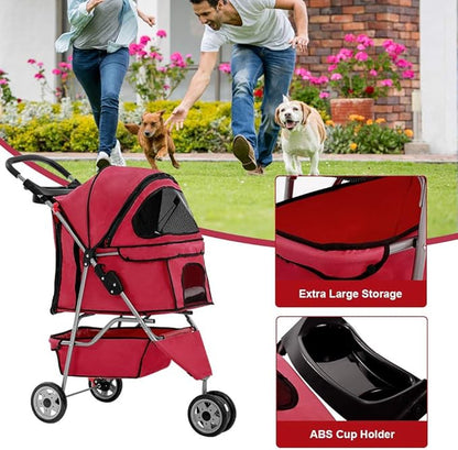 BestPet 3 Wheels Pet Dog Stroller Cat Cage for Medium Small Dogs Cats Travel Folding Carrier Waterproof Puppy Stroller with Cup Holder & Removable Liner,Red
