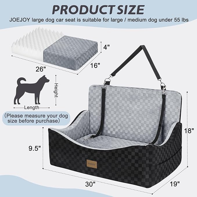 JOEJOY Dog Car Seat for Medium/Large Dogs - Reversible Dual-Sided Travel Dog Car Bed with Memory Foam, Washable Pet Booster Seat for Dogs up to 55 lbs or 2 Small Dogs, 2 Safety Leashes, Grey