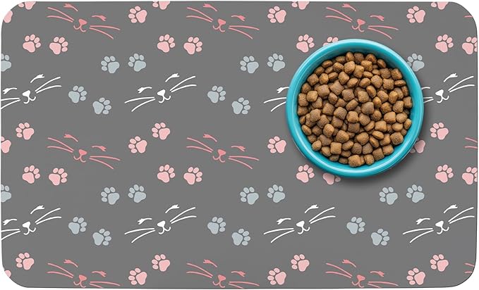Patterned Cat & Dog Bowl Mat for Food and Water, 17"×30" Quick Dry Absorbent Pet Feeding Mat, Eco-Friendly Dog Placemat