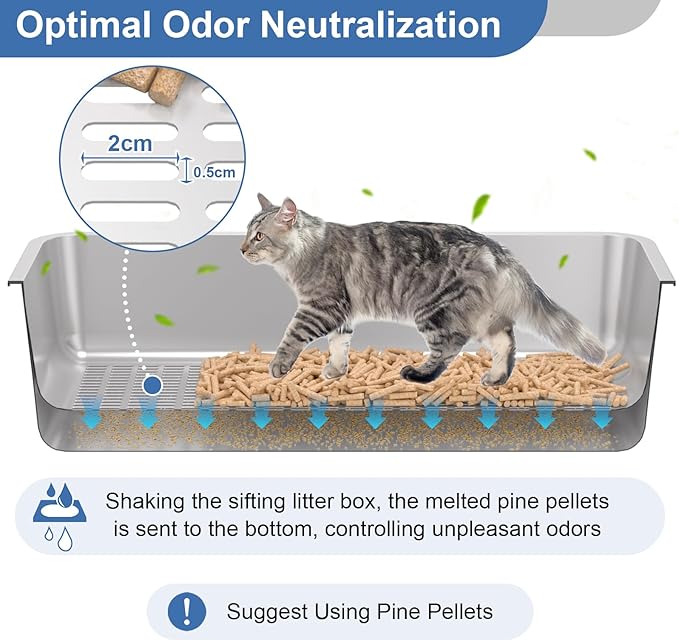 Stainless Steel Sifting Litter Box with Lid, XXL Extra Large Sifting Cat Litter Box for Pine Pellets & Big Cats,Metal Pellet Sifter Litter Pan System for Odor Control,Sifting Box Liners & Scoop