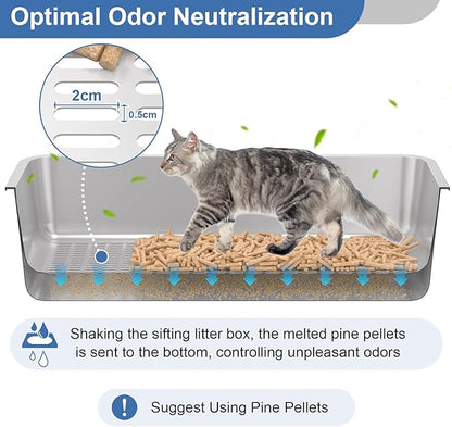 Stainless Steel Sifting Litter Box with Lid, Medium Sifting Cat Litter Box for Pine Pellets & Big Cats,Metal Pellet Sifter Litter Pan System for Odor Control,Sifting Box Liners & Scoop