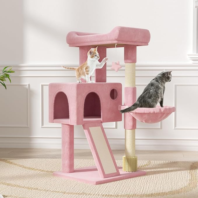 Magshion 36" Cat Tree Tower for Indoor Cats, Compact Multi-Level Cat Condo with Scratching Posts, Top Perch, Side Basket and Dangling Ball, Cat Climbing Tower for Kittens and Elderly Cats, Soft Pink
