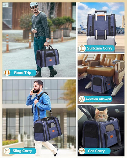 Morpilot Cat Carrier - Soft Sided Cat Carrier Large for Big Medium Cats and Puppy up to 18lbs, Pet Carrier with Safety Zippers, Foldable Bowl, Airline Approved Large Dog Carrier - Dark Blue