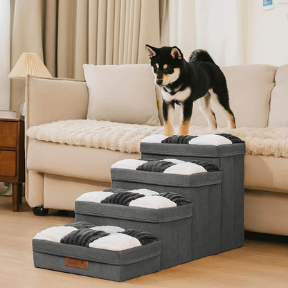 Dog Stairs with Storage, 4-Step Chessboard Plaid Handcrafted Dog Steps for Small Medium Dogs Cats, Folding Sturdy Pet Stairs Climbing Bed or Sofa, Grey
