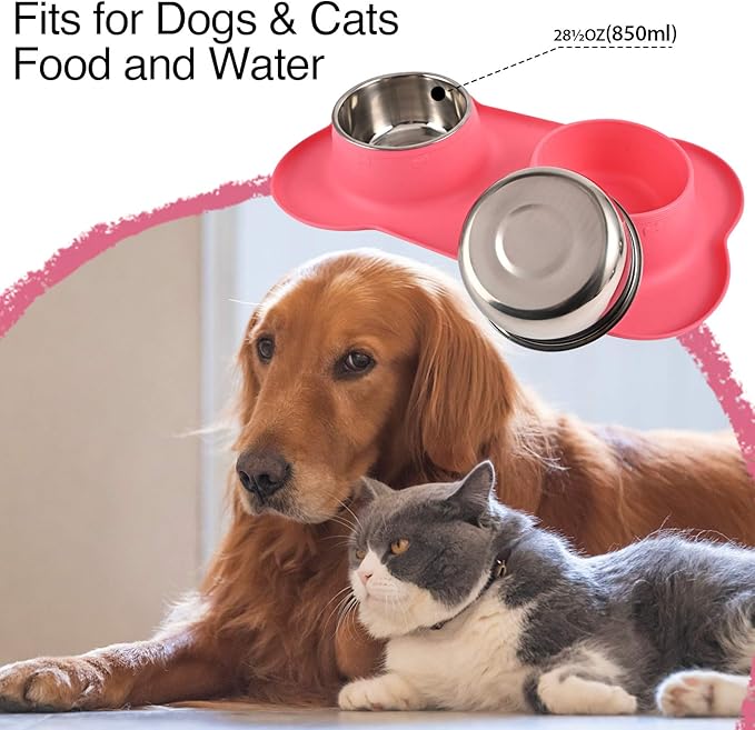 Dog Bowls 2 Stainless Steel Bowl for Pet Water and Food Feeder with Non Spill Skid Resistant Silicone Mat for Pets Puppy Small Medium Cats Dogs