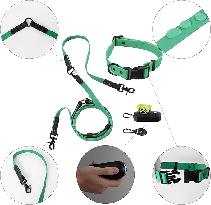 WLK1006K-5SET Luna Large 8FT Adjustable 6-in-1 Waterproof Hands-Free Leash and Collar with LED Flashlight, Bag Dispenser, and Poop Bag Holder, Julep