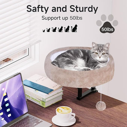 Cat Desk Bed - 360° Rotating & Adjustable, Supports 50 lbs, Soft Faux Fur with Dual-Sided Reversible Mat, Modern Indoor Cat Nest Furniture for Office Desks and Game Tables, Island Table