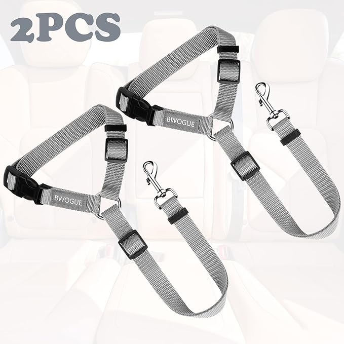 BWOGUE 2 Packs Dog Cat Safety Seat Belt Strap Car Headrest Restraint Adjustable Nylon Fabric Dog Restraints Vehicle Seatbelts Harness Grey