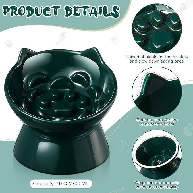 2 Pcs Ceramic Raised Slow Feeder Cat Bowl, 5.91inch Elevated Cat Slow Feeder Bowl Tilted Anti Vomiting for Dry Wet Food and Water Easy to Clean High Edge(Dark Green)