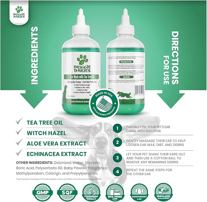 Doggie Dailies Cleansing Ear Wash for Dogs with Tea Tree Oil & Soothing Aloe Vera