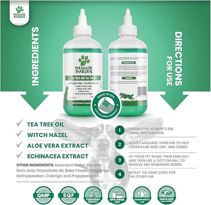 Doggie Dailies Cleansing Ear Wash for Dogs with Tea Tree Oil & Soothing Aloe Vera