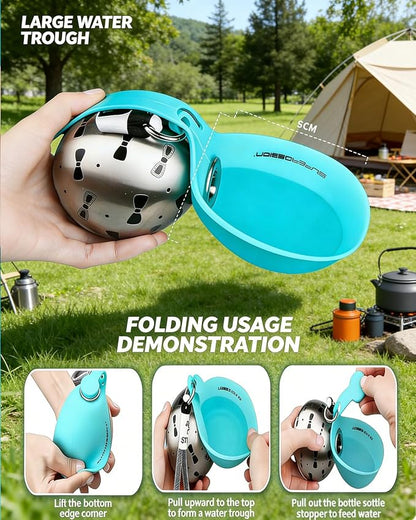 2-in-1 Portable Dog Water Bottle Leak Proof Stainless Steel Foldable Pet Water Bottle with Silicone Bowl Compact Travel Water Dispenser for Dogs One-Hand Operation for Walking Camping Travel (Blue-A)