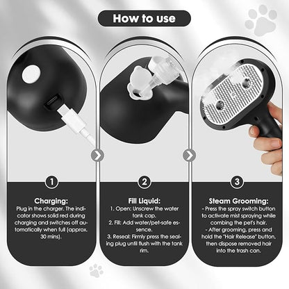 Cat Steam Brush for Grooming and Shedding for Long and Short Hair Pets Deshedding and Hair Removal tool for Dogs & Cats Self Cleaning 4 in 1 Massaging Pet Spray Spritz Defur Comb