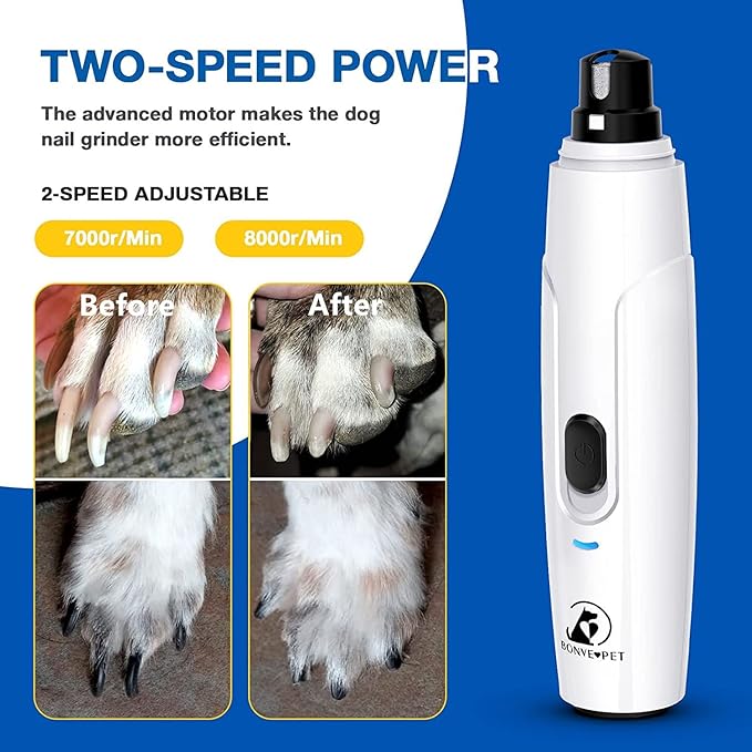 Bonve Pet Nail Grinder for Dogs - Upgraded Dog Nail Trimmers Super Quiet, 2 Speeds, Rechargeable, 2 Grinding Wheels for Small Large Dogs & Cats