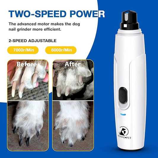 Bonve Pet Nail Grinder for Dogs - Upgraded Dog Nail Trimmers Super Quiet, 2 Speeds, Rechargeable, 2 Grinding Wheels for Small Large Dogs & Cats