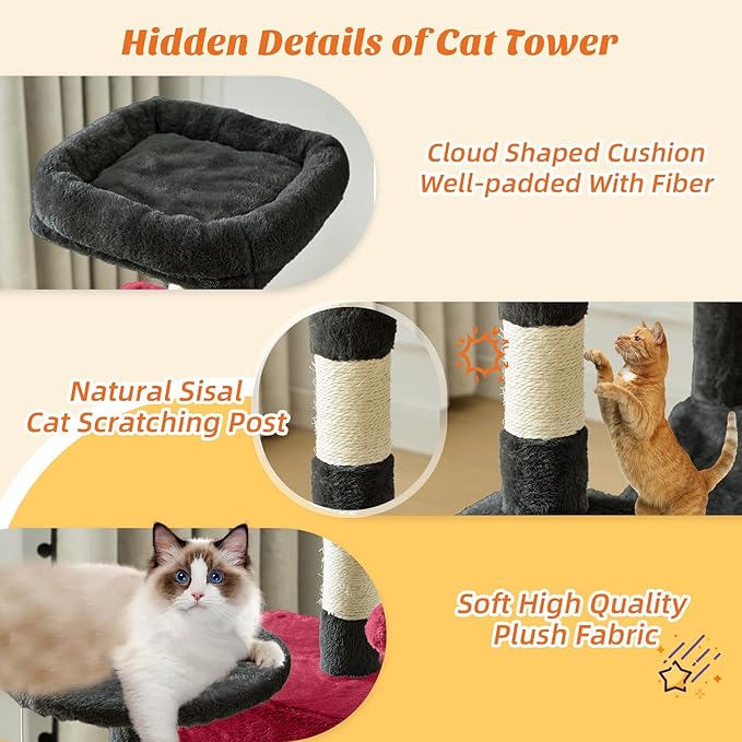 DUMOS Small 44 Inch Cat Tree Tower, Cat Climbing Tower with Natural Sisal Scratching Posts, Hammock, Pet Condo for Indoor Cats and Kittens Play, Black and Red