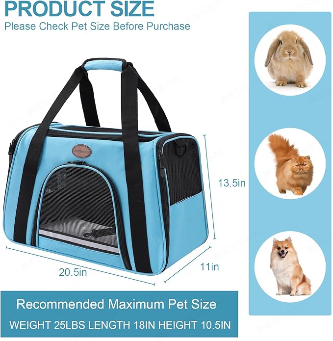 Cat Carrier Dog Carrier Pet Carriers for Medium Small Cats Dogs Puppies up to 25 Lbs,TSA Airline Approved Small Dog Cat Carriers Soft Sided,Collapsible Travel Puppy Carrier (Blue, Large)