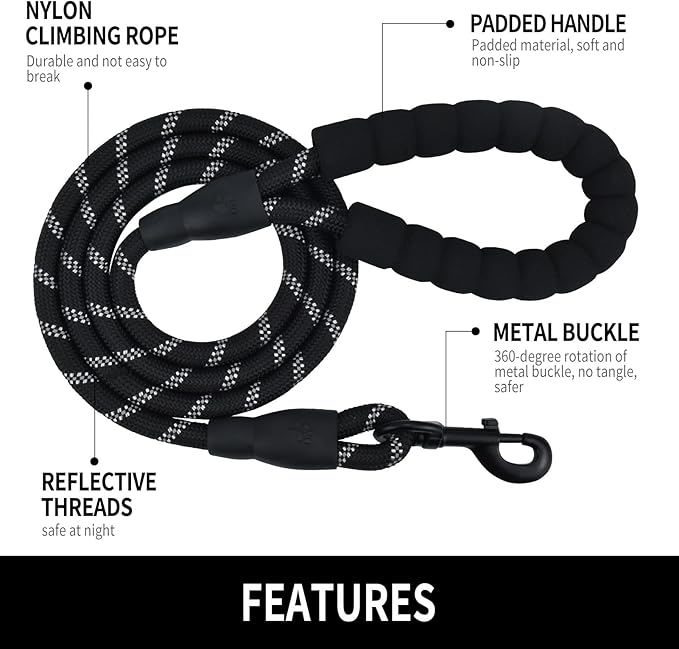 5/6 FT Strong Pet Dog Leash with Soft Padded Handle,Highly Reflective Rope for Night Walking,360-Degree Rotating Metal Buckle Without Tangles,Suitable for Small,Medium and Large Dogs.(5ft)