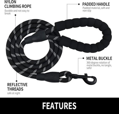 5/6 FT Strong Pet Dog Leash with Soft Padded Handle,Highly Reflective Rope for Night Walking,360-Degree Rotating Metal Buckle Without Tangles,Suitable for Small,Medium and Large Dogs.(6ft)