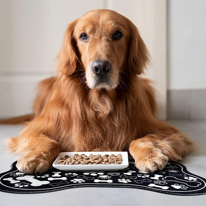 Dog & Cat Food Mat Bone Shaped Pet Feeding Mat Quick Absorb Water Bowl Placemat with Rubber Backing Indoor Floor Stain Resistant Pet Accessory Supplies (Black, 16x24 Inches)