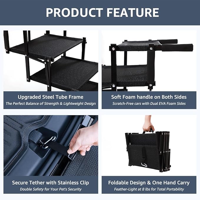 Oiilores Foldable Dog Stairs for Large Dogs - Extra Wide Pet Ramp for Cars, SUV, Truck, Non-Slip Surface, Supports Up to 250 Lbs, 5 Steps
