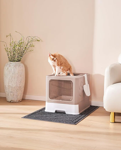 Cat Litter Box with X-Large Litter Mat and Scoop, Large Covered Litter Box with Lid, Enclosed Kitty Box,Front Top Entry Exit, Odor Control Easy to Clean (Upgrade Coffee)