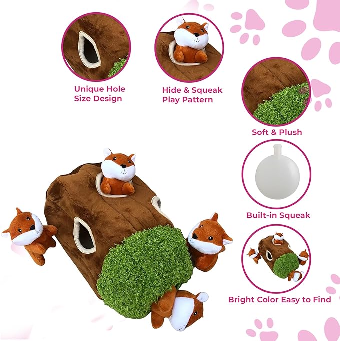 Glow Pups Hide and Seek Dog Toy, Plush Fox Inside Trunk, Squeaky Interactive Burrow Toy for Mental Stimulation, Durable & Engaging, Woodland Style, Small, 3 Animals
