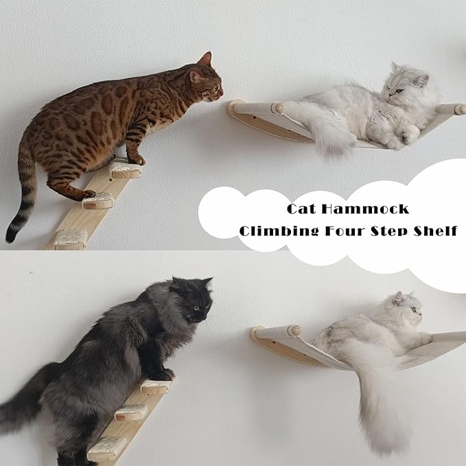 Yiotl Cat Hammock, Wall Mounted Cat Climbing Shelf, 4 Step Cat Stairway Furniture with Sisal Scratching for Sleeping, Playing, Lounging and Perching