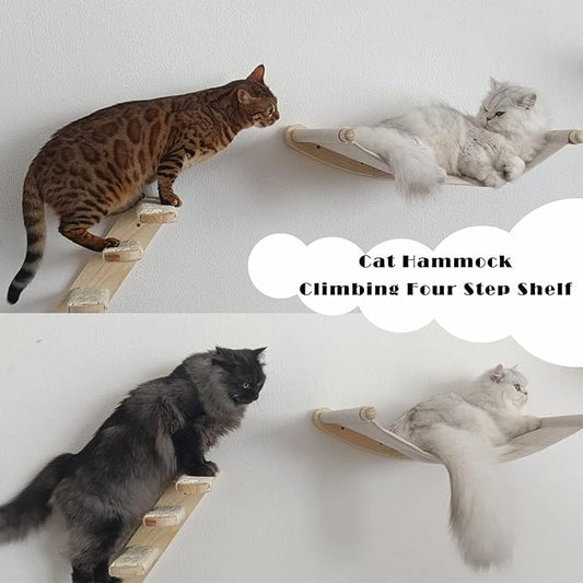 Yiotl Cat Hammock, Wall Mounted Cat Climbing Shelf, 4 Step Cat Stairway Furniture with Sisal Scratching for Sleeping, Playing, Lounging and Perching