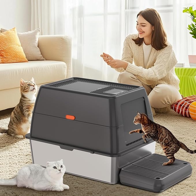 XXXL Stainless Steel Litter Box with Lid,28" L*20" W*18" H Extra Large Metal Cat Litter Boxs, Jumbo Enclosed Litter Box for Big Cats and Multi-Cat Households,Non-Sticky, Anti-Leakage, Easy to Clean
