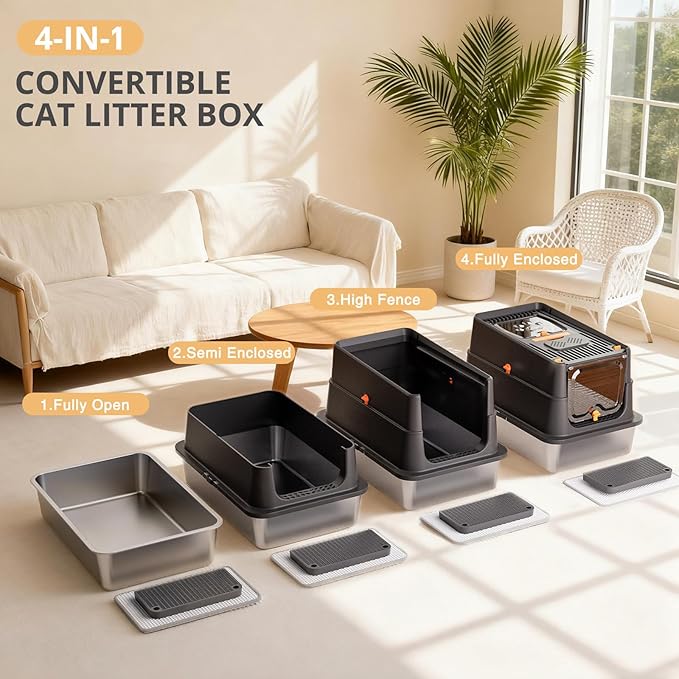 Stainless Steel Cat Litter Box, XL Enclosed Cat Litter Box with Lid, Easy to Clean High-Sided Metal Kitty with Top Entry, Scoop, Mat, Brush & Foot Pedal-Black