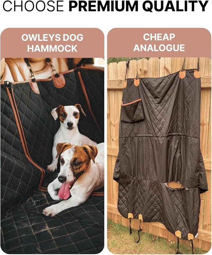 Owleys Dog Car Seat Cover for Back Seat with Shock-Absorbing Dog Seat Belt, Waterproof 600D Oxford Dog Hammock for Car, Heavy Duty Pet Seat Cover for SUV & Trucks - Black Standard