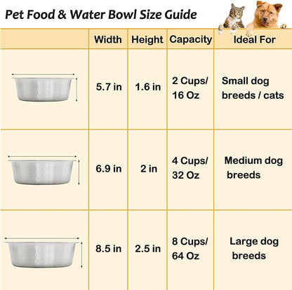 Fhiny 3 Pack Hammered Stainless Steel Dog Bowls, 8 Cups/64 Oz Premium Metal Puppy Feeder Bowl Set for Raised Feeding Station Basic Kitten Food & Water Dishes for Small & Medium Pets Dishwasher Safe
