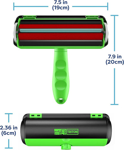 Triton Pet Hair Removal Tool w/Fur Trapping Compartment, 60% Smaller Storage Size, Reusable Shedding Roller, Cat and Dog Hair Remover for Car, Furniture, Carpet, Couch (Green)