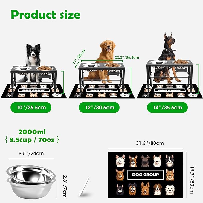 SHAINFUN Elevated Dog Bowls with Mat for Large & XLarge Dogs, Adjustable Height Raised Dog Bowl Stand with Two 68oz Bowls, Dogs Food Water Bowl Holder