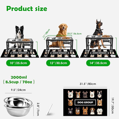 SHAINFUN Elevated Dog Bowls with Mat for Large & XLarge Dogs, Adjustable Height Raised Dog Bowl Stand with Two 68oz Bowls, Dogs Food Water Bowl Holder