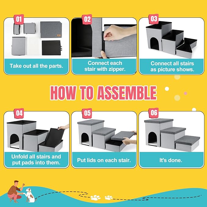 Dog Stairs for High Beds, Folding Pet Steps for Small Dogs and Cats with Storage and Condo, Non-Slip Dog Steps for Couch and Bed up to 22 inches(3 Steps, Grey-Dark Grey)