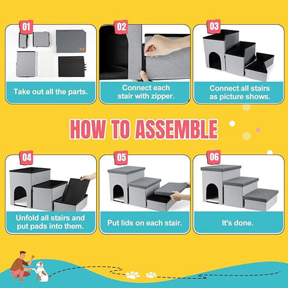 Dog Stairs for High Beds, Folding Pet Steps for Small Dogs and Cats with Storage and Condo, Non-Slip Dog Steps for Couch and Bed up to 22 inches(3 Steps, Grey-Dark Grey)