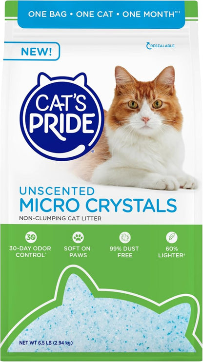 Cat’s Pride Micro Crystals Cat Litter, Non-Clumping, Unscented, 30-Day Odor Control, 99% Dust Free, Lightweight, Soft on Paws, 6.5lb Bag