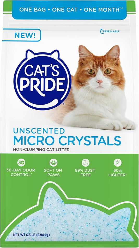 Cat’s Pride Micro Crystals Cat Litter, Non-Clumping, Unscented, 30-Day Odor Control, 99% Dust Free, Lightweight, Soft on Paws, 6.5lb Bag