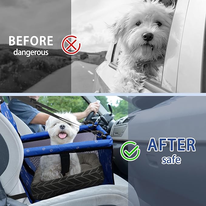 PetsHome Dog Car Seat Foldable Dog Car Booster Seat Waterproof Breathable Oxford Travel Bag for Small to Medium Dogs, Puppies, and Pets-Pattern Blue+Mat