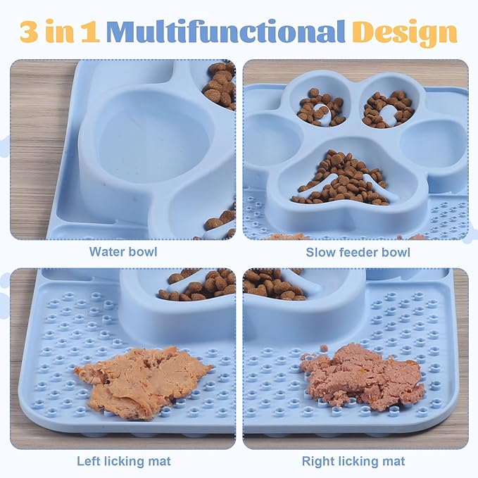Silicone Slow Feeder Dog Bowls & Cat Bowls, 2 Cups Small Pet Food Bowl with Non-Slip Suction Base, Food-Grade Safe Puzzle Feeder for Small & Medium Dogs & Indoor Cats (Paw Lick Mat (Blue))